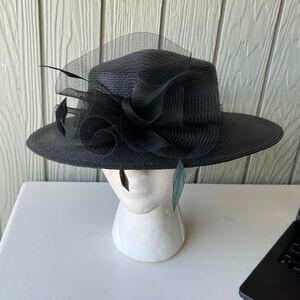 VTG Black Wide Brim Hat Mesh & Feather Trim Formal Church Derby Tea